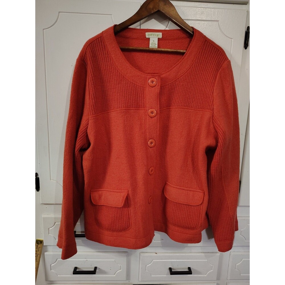 Orvis Women's 100% Wool Orange Cardigan Sweater Size XL